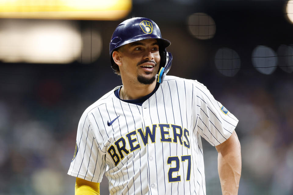 MILWAUKEE, WISCONSIN - SEPTEMBER 28: Willy Adames #27 of the Milwaukee Brewers reacts after hitting a run scoring single in the eighth inning against the New York Mets at American Family Field on September 28, 2024 in Milwaukee, Wisconsin. (Photo by John Fisher/Getty Images)