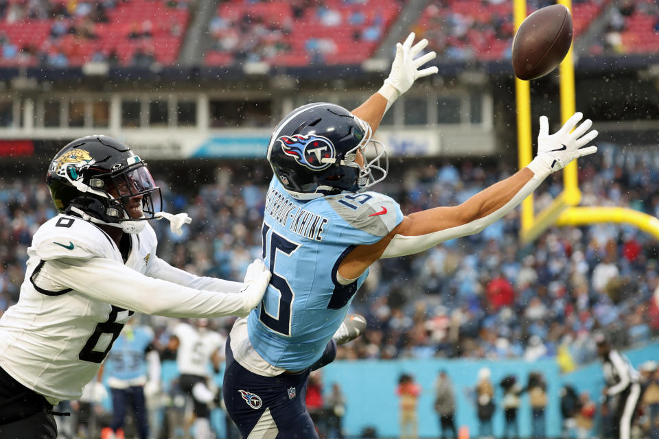 NASHVILLE, TENNESSEE - DECEMBER 08: Nick Westbrook-Ikhine #15 of the Tennessee Titans drops a pass during the fourth quarter against the Jacksonville Jaguars at Nissan Stadium on December 08, 2024 in Nashville, Tennessee. (Photo by Andy Lyons/Getty Images)