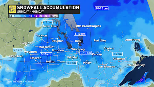 prairie and northwestern ontario snowfall accumulation through Monday