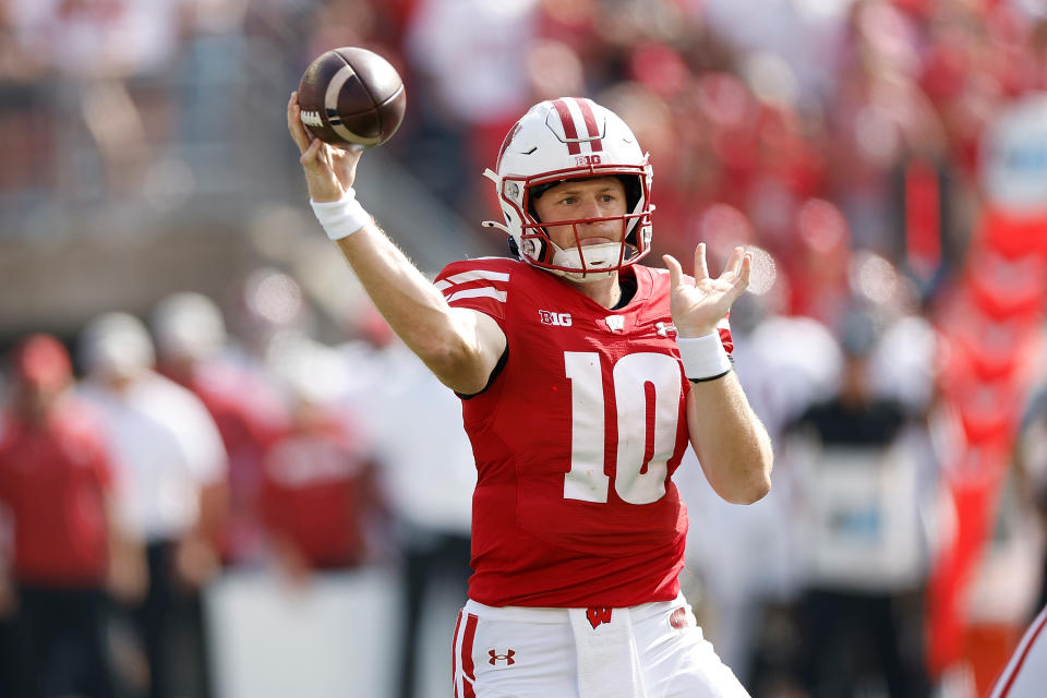 MADISON, WISCONSIN - SEPTEMBER 14: Tyler Van Dyke #10 of the Wisconsin Badgers throws a pass in the first quarter against the Alabama Crimson Tide at Camp Randall Stadium on September 14, 2024 in Madison, Wisconsin. (Photo by John Fisher/Getty Images)