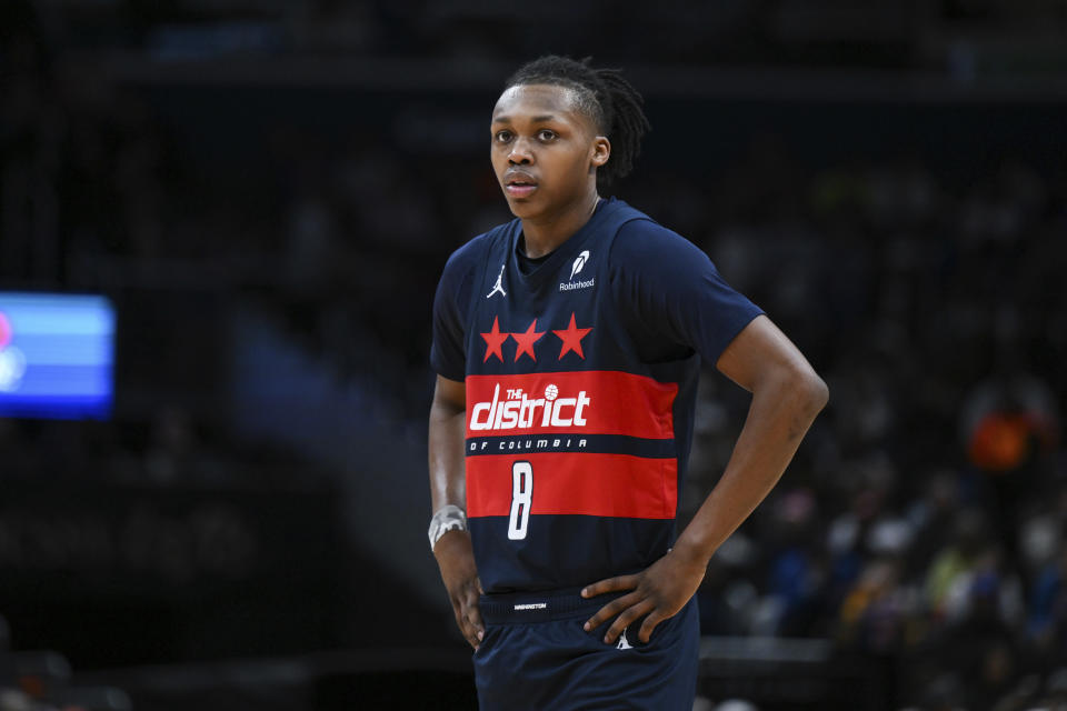 Washington Wizards guard Carlton Carrington (8) looks on during the second half of an NBA basketball game against the New York Knicks, Saturday, Dec. 28, 2024, in Washington. (AP Photo/Terrance Williams)