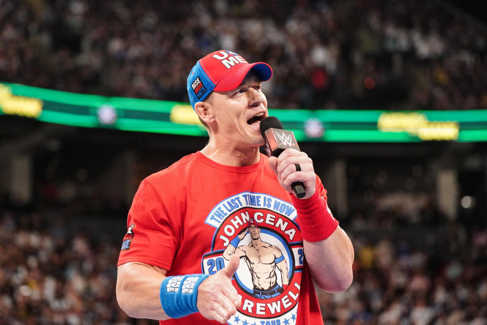 TORONTO, CANADA - JULY 6: John Cena makes his way to the ring during Money in the Bank at Scotiabank Arena on July 6, 2024 in Toronto, Ontario. (Photo by WWE/Getty Images)