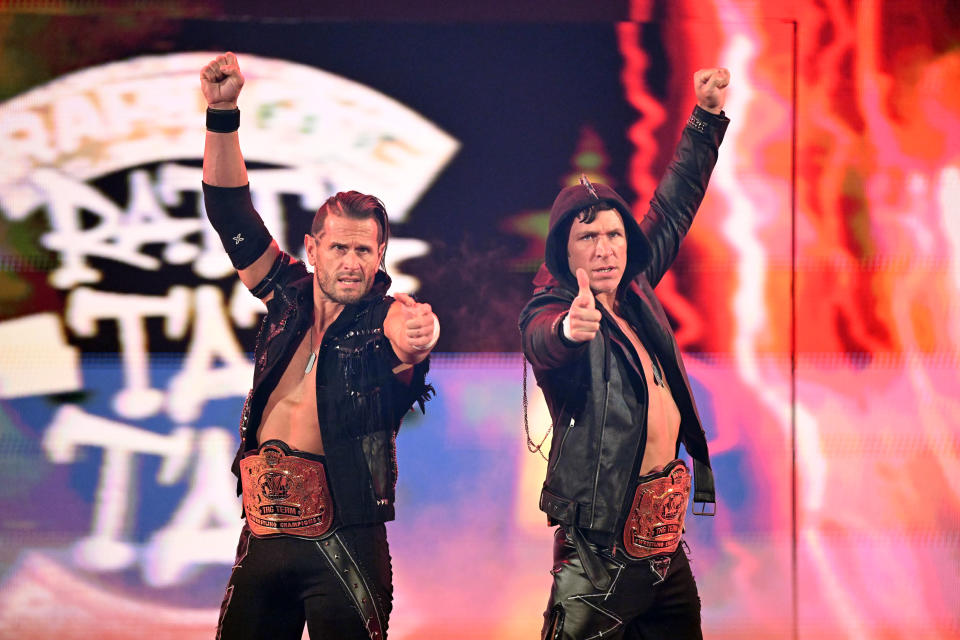 MILWAUKEE, WISCONSIN - NOVEMBER 15: (L-R) WWE Tag Team Champions Alex Shelley and Chris Sabin of the Motor City Machine Guns make their entrance during WWE SmackDown at Fiserv Forum on November 15, 2024 in Milwaukee, Wisconsin. (Photo by WWE/Getty Images)