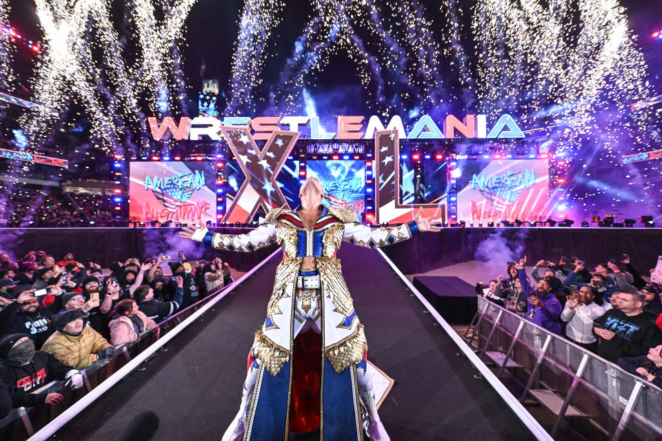 PHILADELPHIA, PENNSYLVANIA - APRIL 7: Cody Rhodes enters the ring during Night Two of WrestleMania 40 at Lincoln Financial Field on April 7, 2024 in Philadelphia, Pennsylvania. (Photo by WWE/Getty Images)