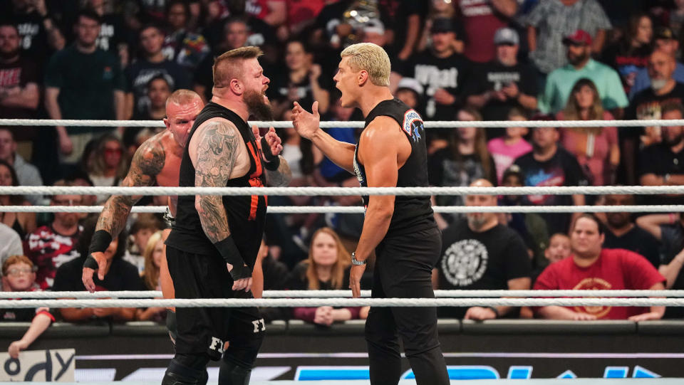 OKLAHOMA CITY, OKLAHOMA - SEPTEMBER 27: Kevin Owens and Cody Rhodes in ring during WWE SmackDown at Paycom Center on September 27, 2024 in Oklahoma City, Oklahoma. (Photo by WWE/Getty Images)