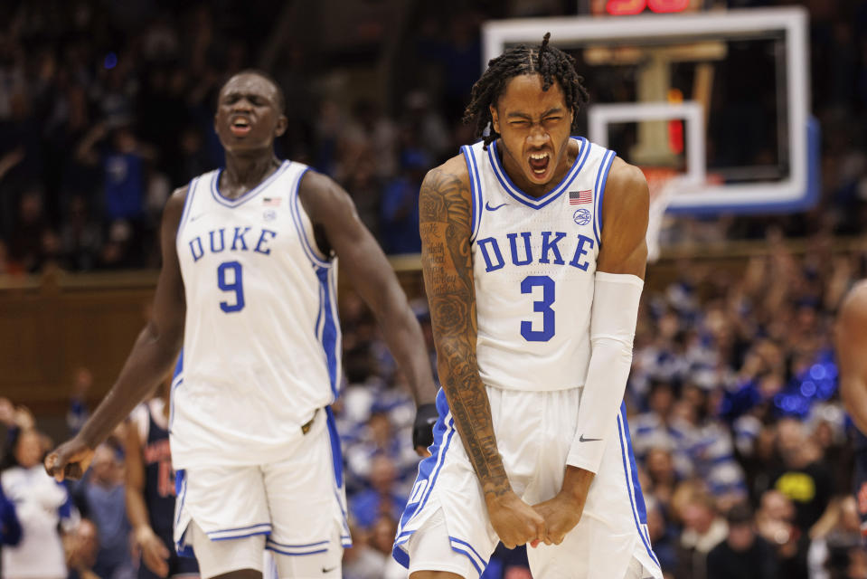 Duke's Isaiah Evans reacts during the first half. (Ben McKeown/AP Photo)