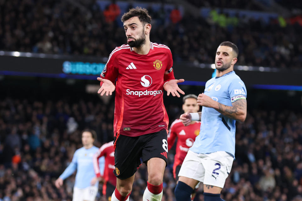 Bruno Fernandes celebrates after scoring United's first goal. (Alex Livesey/Danehouse/Getty Images)