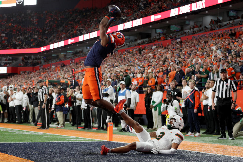 Jackson Meeks catches a touchdown during Syracuse's 42-38 upset win over Miami. (Bryan M. Bennett/Getty Images)