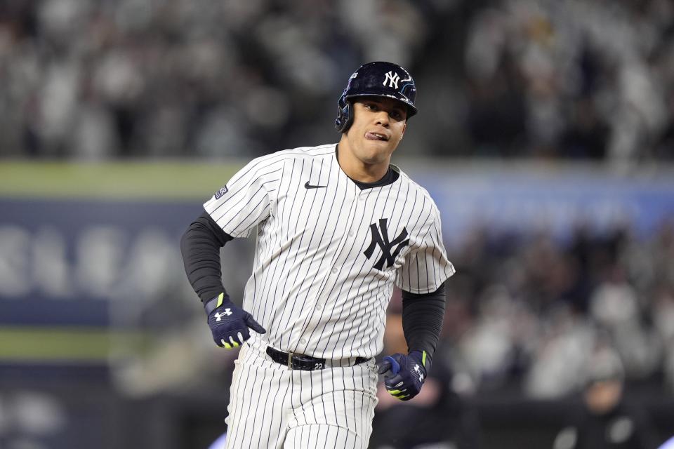 New York Yankees' Juan Soto runs the bases after hitting a home run against the Cleveland Guardians during the third inning in Game 1 of the baseball AL Championship Series Monday, Oct. 14, 2024, in New York. (AP Photo/Frank Franklin II)