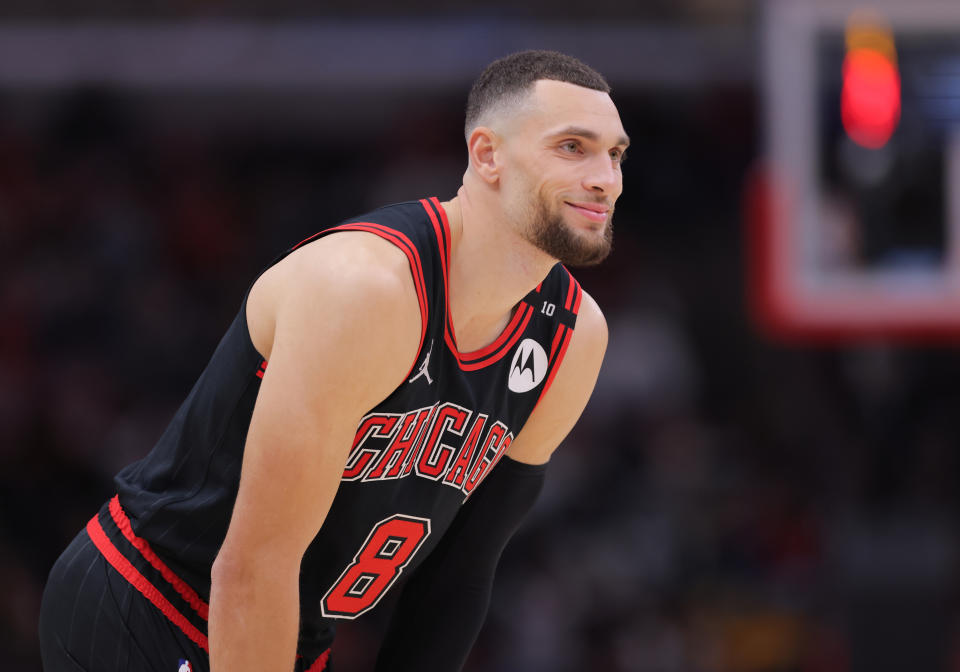 CHICAGO, IL - DECEMBER 13: Zach LaVine #8 of the Chicago Bulls looks on during the first half against the Charlotte Hornets on December 13, 2024 at the United Center in Chicago,Illinois. (Photo by Melissa Tamez/Icon Sportswire via Getty Images)