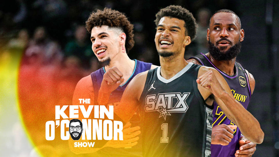 Victor Wembanyama (C), LaMelo Ball (L) and LeBron James (R) feature prominently in the 2025 NBA predictions cast by Kevin O'Connor and Tom Haberstroh on the latest episode of 'The Kevin O'Connor Show' (Photo credits L to R: G Fiume, Ronald Cortes, Ronald Martinez/Getty Images)