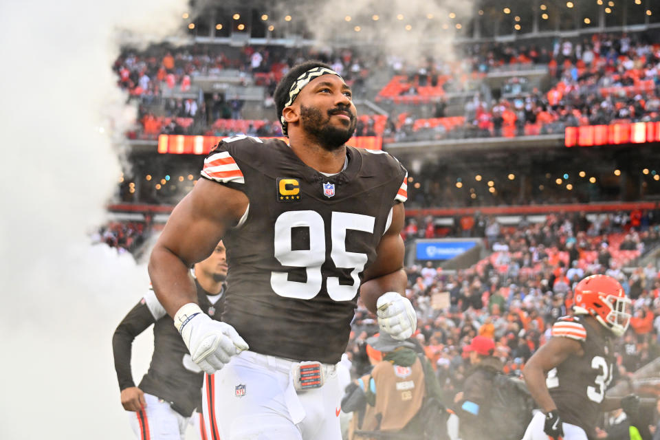 CLEVELAND, OHIO - Myles Garrett won NFL Defensive Player of the Year award last year with 14 sacks and is currently tied for the league lead in the category heading into Week 18. (Photo by Jason Miller/Getty Images)