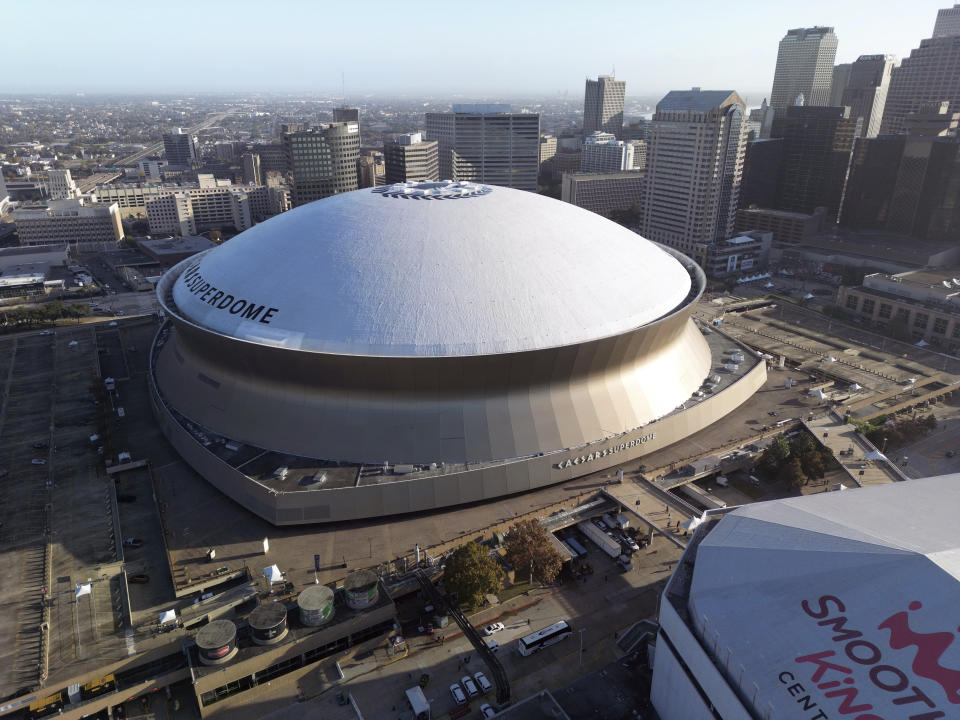 An aerial overall exterior general view of Caesars Superdome, Sunday, Dec. 15, 2024, in New Orleans. (AP Photo/Tyler Kaufman)