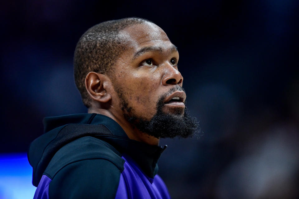 DENVER, COLORADO - DECEMBER 23: Kevin Durant #35 of the Phoenix Suns looks on before a game against the Denver Nuggets at Ball Arena on December 23, 2024, 2024 in Denver, Colorado. NOTE TO USER: User expressly acknowledges and agrees that, by downloading and or using this photograph, User is consenting to the terms and conditions of the Getty Images License Agreement. (Photo by Dustin Bradford/Getty Images)