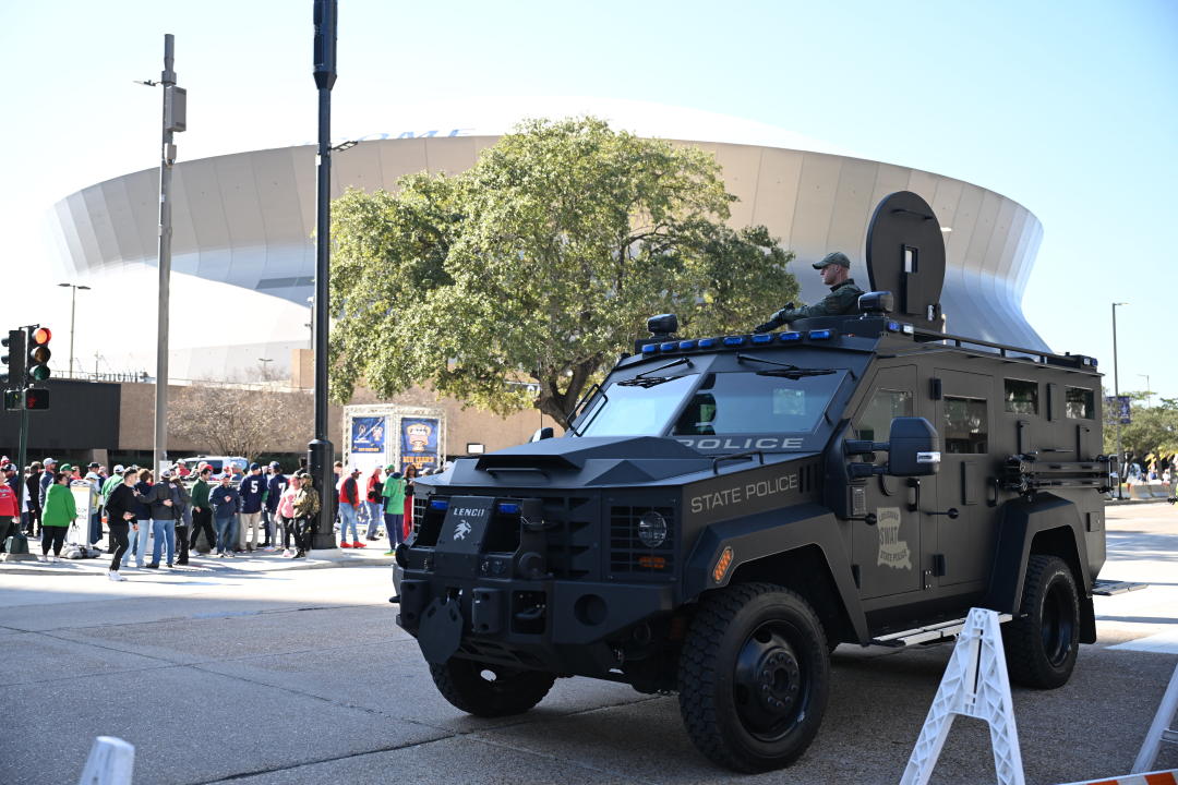 Members of a Louisiana State Police SWAT team stand guard outside of the Superdome ahead of the Sugar Bowl college football game on January 2, 2025 in New Orleans, Louisiana, following a terrorist attack on January 1. At least 15 people were killed and 30 injured on January 1 when a vehicle plowed overnight into a New Year's crowd in the heart of the thriving New Orleans tourist district, authorities in the southern US city said. (Photo by ANDREW CABALLERO-REYNOLDS / AFP) (Photo by ANDREW CABALLERO-REYNOLDS/AFP via Getty Images)