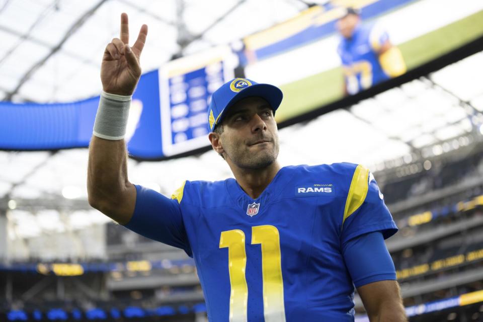 Rams quarterback Jimmy Garoppolo jogs back to the locker room after a game against the Raiders in October.