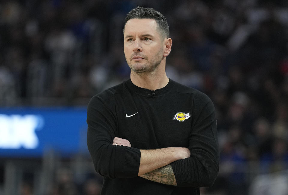 SAN FRANCISCO, CALIFORNIA - DECEMBER 25: Head coach JJ Redick of the Los Angeles Lakers looks on against the Golden State Warriors during the first half at Chase Center on December 25, 2024 in San Francisco, California. NOTE TO USER: User expressly acknowledges and agrees that, by downloading and or using this photograph, User is consenting to the terms and conditions of the Getty Images License Agreement. (Photo by Thearon W. Henderson/Getty Images)