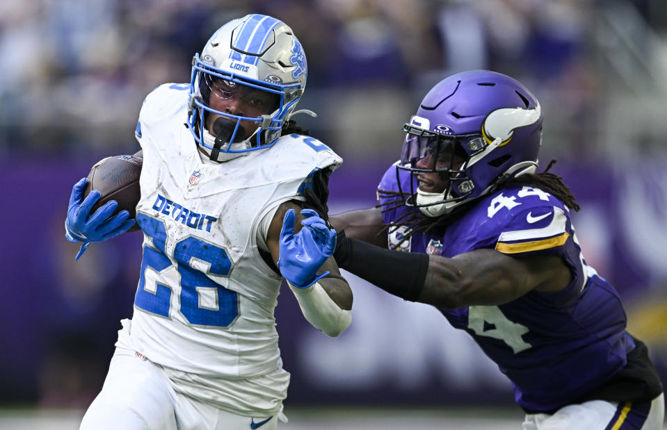 Jahmyr Gibbs and the Detroit Lions won the first meeting this season against the Minnesota Vikings. (Photo by Stephen Maturen/Getty Images)