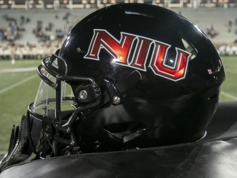 KALAMAZOO, MI - NOVEMBER 09: A general view of a Northern Illinois Huskies Adidas helmet before the college football game between the Northern Illinois Huskies and Western Michigan Broncos on November 09, 2022, at Waldo Stadium in Kalamazoo, MI. (Photo by Joseph Weiser/Icon Sportswire via Getty Images)