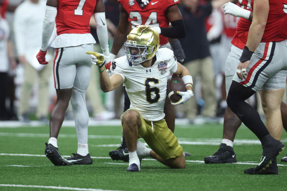 NEW ORLEANS, LOUISIANA - JANUARY 02: Jordan Faison #6 of the Notre Dame Fighting Irish reacts during the fourth quarter against the Georgia Bulldogs during the 91st Allstate Sugar Bowl at Caesars Superdome on January 02, 2025 in New Orleans, Louisiana. (Photo by Chris Graythen/Getty Images)