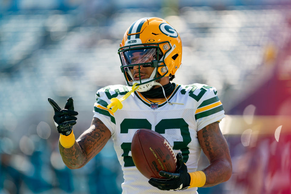 JACKSONVILLE, FL - OCTOBER 27: Green Bay Packers cornerback Jaire Alexander (23) warms up before a NFL football game between the Green Bay Packers and the Jacksonville Jaguars on October 27th, 2024 at EverBank Stadium in Jacksonville, FL. (Photo by Chris Leduc/Icon Sportswire via Getty Images)