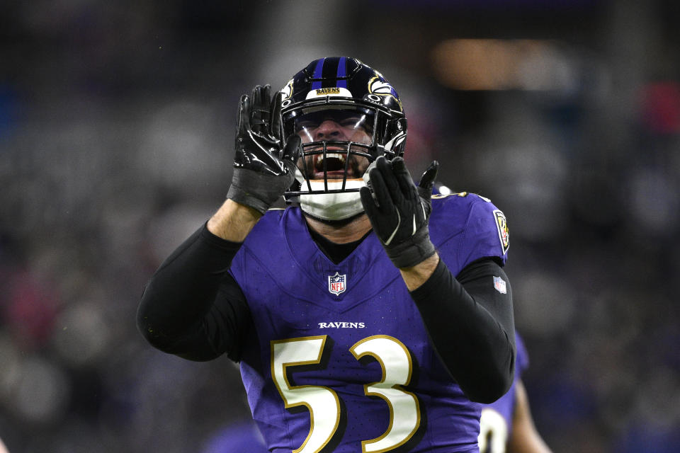 Baltimore Ravens outside linebacker Kyle Van Noy celebrates during the first half of an NFL football game against the Cleveland Browns Saturday, Jan. 4, 2025, in Baltimore. (AP Photo/Nick Wass)