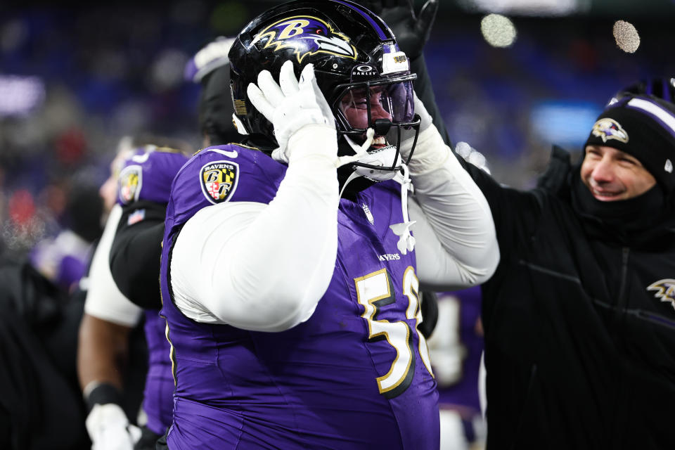 BALTIMORE, MARYLAND - JANUARY 04: Michael Pierce #58 of the Baltimore Ravens smiles after intercepting a pass during the fourth quarter against the Cleveland Browns on January 4, 2025 in Baltimore, Maryland. (Photo by Kathryn Riley/Getty Images)