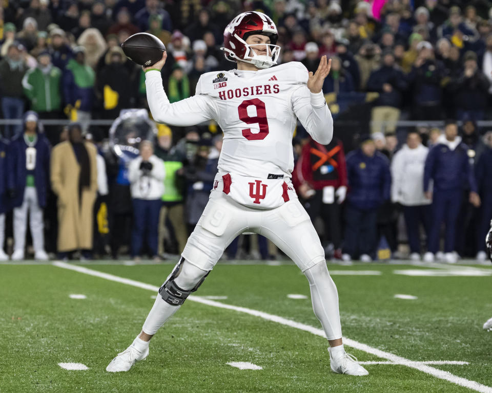 SOUTH BEND, INDIANA - DECEMBER 20: Kurtis Rourke #9 of the Indiana Hoosiers passes the ball during a game between the Indiana Hoosiers and the Notre Dame Fighting Irish at Notre Dame Stadium on December 20, 2024 in South Bend, Indiana. (Photo by Steve Limentani/ISI Photos/Getty Images)