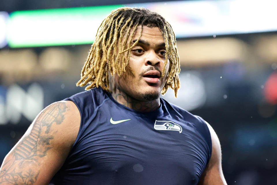 SEATTLE, WASHINGTON - NOVEMBER 24: Byron Murphy II #91 of the Seattle Seahawks looks on after a game against the Arizona Cardinals at Lumen Field on November 24, 2024 in Seattle, Washington. (Photo by Rio Giancarlo/Getty Images)