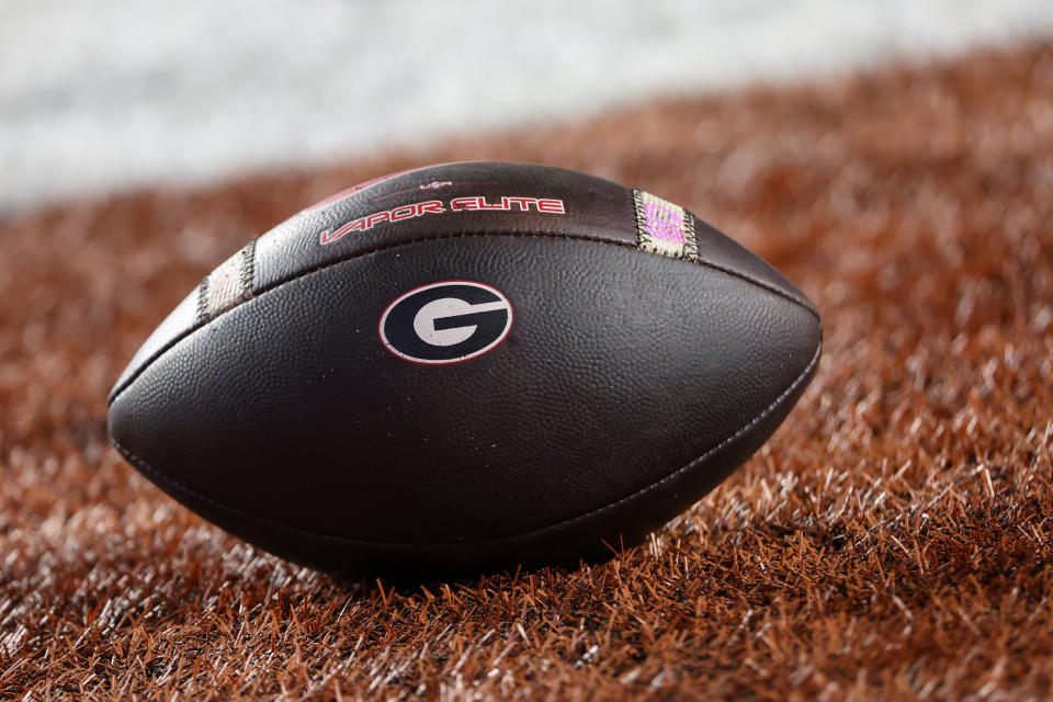 AUSTIN, TX - OCTOBER 19: A Vapor Elite football with the Georgia logo on it sits on the field during the SEC college football game between Texas Longhorns and Georgia Bulldogs on October 19, 2024, at Darrell K Royal - Texas Memorial Stadium in Austin, TX. (Photo by David Buono/Icon Sportswire via Getty Images)