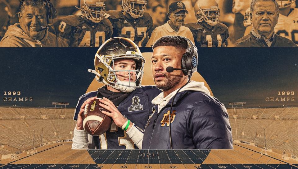 Notre Dame, led by quarterback Riley Leonard (left) and head coach Marcus Freeman, are just three wins from a national championship.