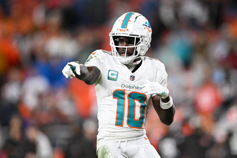 CLEVELAND, OHIO - DECEMBER 29: Tyreek Hill #10 of the Miami Dolphins looks on during the fourth quarter against the Cleveland Browns at Huntington Bank Field on December 29, 2024 in Cleveland, Ohio. (Photo by Nick Cammett/Diamond Images via Getty Images)