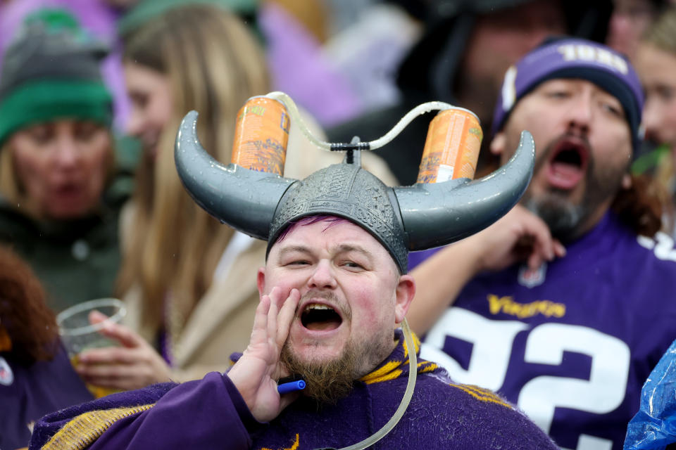 SEATTLE, WASHINGTON - DECEMBER 22: Minnesota Vikings fans cheer during the second quarter against the Seattle Seahawks at Lumen Field on December 22, 2024 in Seattle, Washington. (Photo by Steph Chambers/Getty Images)