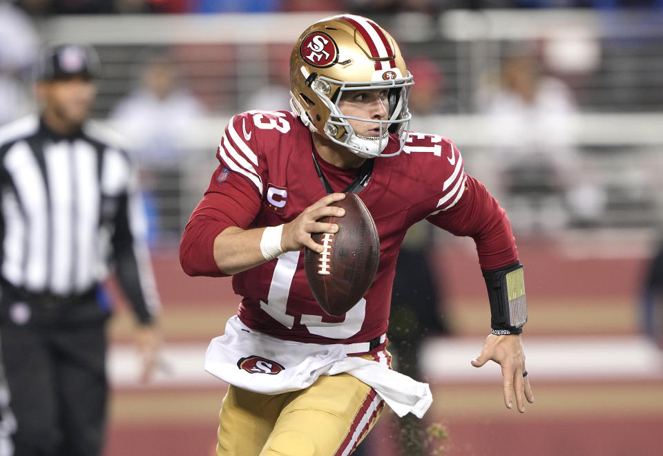 Brock Purdy's contract extension situation with the 49ers is one of the top offseason QB dominoes. (Photo by Thearon W. Henderson/Getty Images)