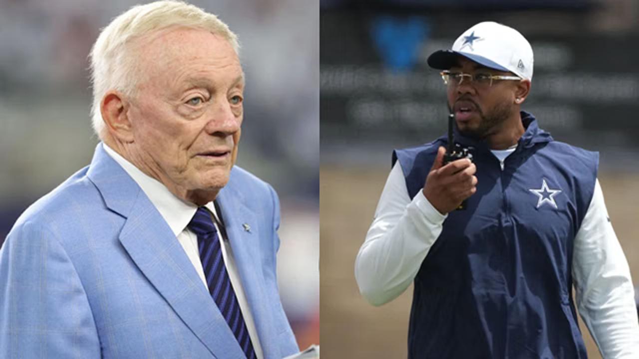 Side-by-side library portraits of Jerry Jones in a suit and Christian Parker in Dallas Cowboys coaching attire.